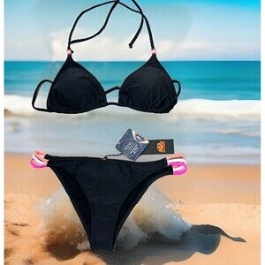 Sundek Swimwear Bikini 2 Piece XXL Cheeky Bottom XL Triangle Top Bead Black Pink